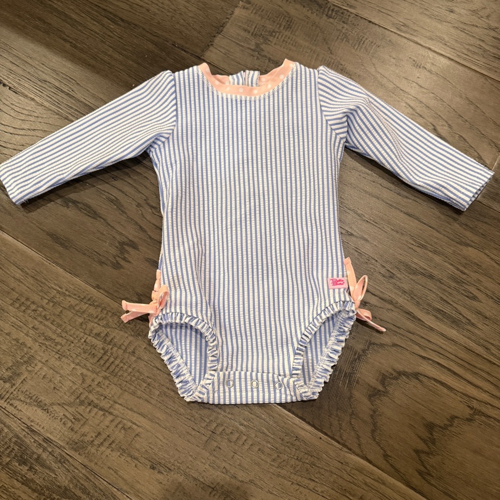 Ruffle Butts Blue and Pink Striped Long-Sleeve One Piece Swim